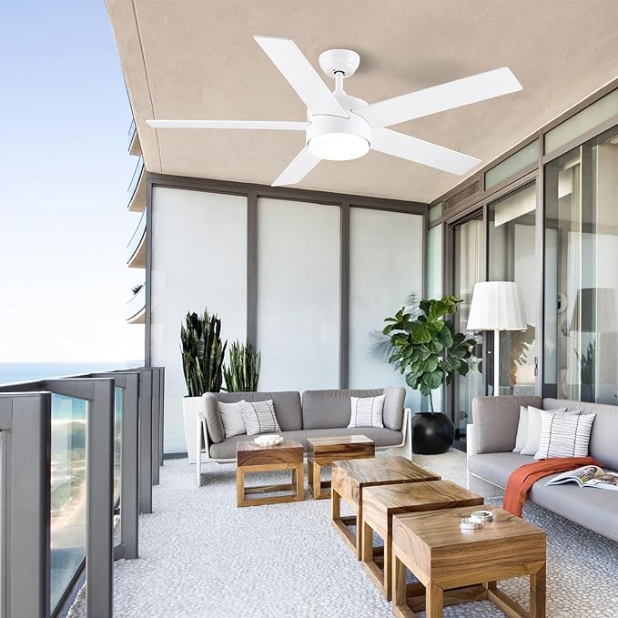 POCHFAN 52 inch White Ceiling Fans with Lights and Remote, Reversible 5 Blades Modern Ceiling Fan for Bedroom, Living Room, Dining Room, LED 3 CCT 6-Speed Noiseless, ETL Listed