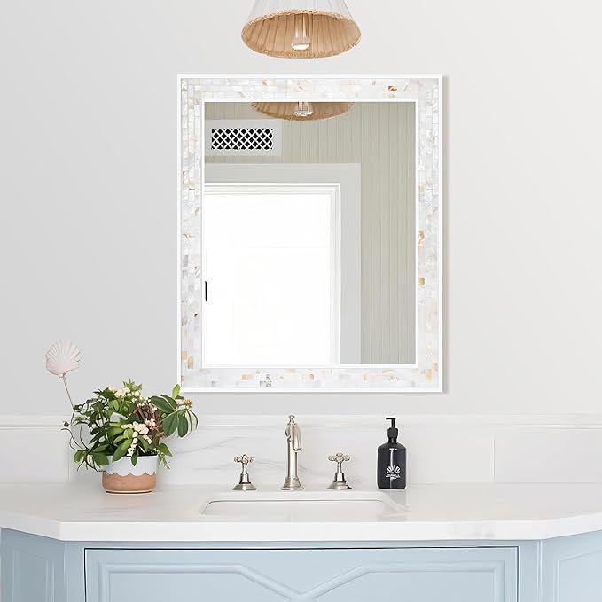 Tanmicoshomy 30 x 36 Inch White Rectangle Wall Mirror, Natural Shell Framed Rectangular Mirror for Bathroom Bedroom, Living Room, Entryway, Wall Mounted Horizontal or Vertical