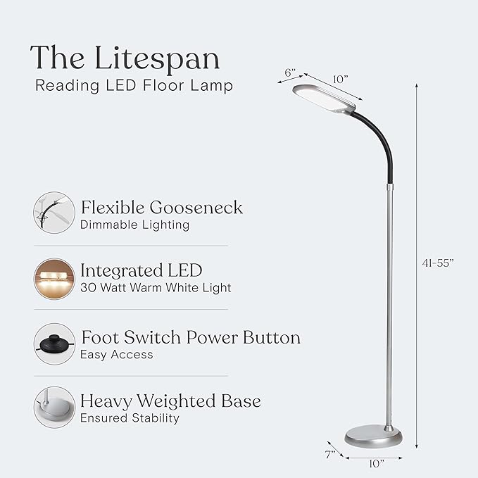Brightech Litespan Slim LED Floor Reading Lamp with Adjustable Gooseneck for Living Rooms & Offices, Dimmable Standing Lamp for Bedroom - Silver
