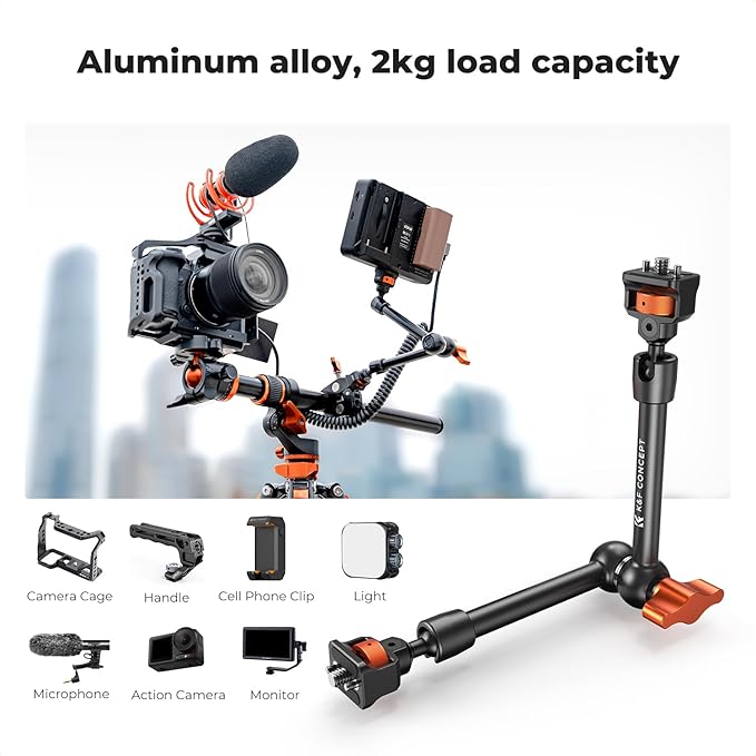 K&F CONCEPT 11" Magic Arm Clamp Kit with ARRI 1/4" & 3/8" Thread Screw, 360° Ball Heads Arm with Clamp Mount for DSLRs, Camera Cage, Monitor, LED Light, Webcam, Action Camera