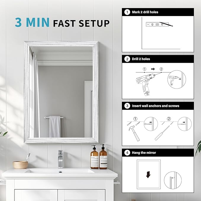 White Wood Effect Framed Wall Mirror, 20x30 Rectangle Mirror, 1/8" Anti-desilvering Tempered Glass, Sustainable& Sturdy Frame, Anti-Rust, HD Reflection &3min Fast Setup for Bathroom Living Room