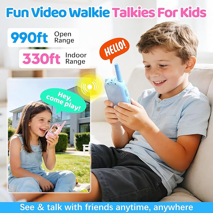 Video Walkie Talkies for Kids, 2 Pack Rechargeable Kids Walkie Talkies with HD Camera, Real-Time Video Chat, Voice Changer, 1000FT Range, Outdoor Toys for Boys Girls Ages 3-12(Baby Blue/Baby Pink)