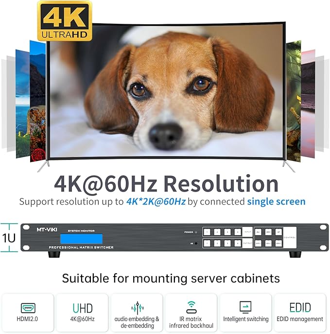 MT-VIKI 4K HDMI Matrix Extender 4x4 4K60Hz 4:4:4 Over CAT6/7/8 Cable, Matrix Splitter & Switcher with 4 POC Receivers + 4 Loop Out, Web GUI, RS232, Up to 230FT (70m)