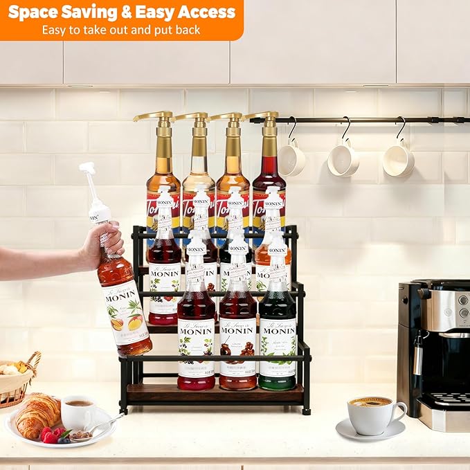 STAEVER Coffee Syrup Rack - 3-Tier 12 Syrup Bottles Holder - Liquor Bottle Display Shelf - Kitchen Cabinet Organizer for Jars, Condiments - Wooden Countertop Organizer for Seasonings, Tea, or Coffee