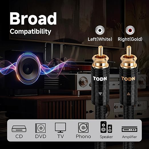 TODN Hi-end RCA Cables for Audiophile with Silver-Plated-OCC-Core and Dual Shielded RCA to RCA Stereo Car Audio Cable (4.9 ft/1.5 m, 1 Pair)