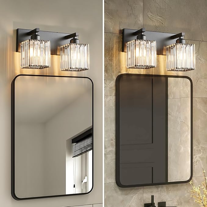 FDPBY Modern Bathroom Vanity Light 2-Lights Black Crystal Bathroom Wall Light Vanity Light Fixtures，12.59-inch Modern Minimalist Design