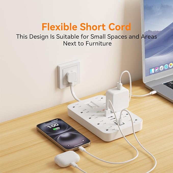 Short Extension Cord with USB and USBC Ports, Flat Outlet Extender with 10 AC Outlet 6 USB, 1 Switch & 2 LED Indicator, USB Wall Power Strip for Multiple Devices, for Home, Office, Dorm Essentials