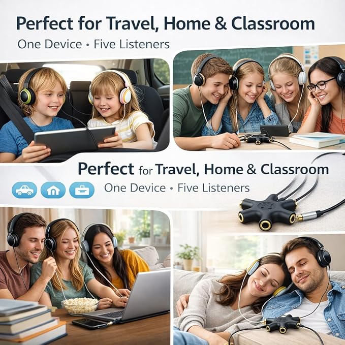 Mizi 5-Way 3.5mm Headphone Splitter - Stereo Audio Adapter with 1 Male to 5 Female Jacks, Gold-Plated Connectors, Compatible with iPhone, iPad, Smartphones, Tablets, MP3 Players - Black