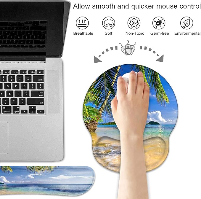 Keyboard Wrist Rest and Mouse Pad Wrist Support Set with Coasters, Non-Slip PU Base Ergonomic Gaming Mousepad for Home Office Working Studying Easy Typing & Pain Relief, Shore Palms Tropical Beach