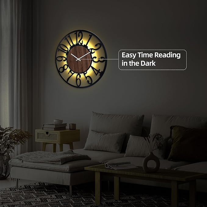 Casaformia 30'' Large Silent Wall Clock with Night Light, Glow in The Dark Decorative Wall Clock Battery Operated, Rustic Modern Metal & Wood Clocks for Bedroom Living Room Decor, Arabic Numerals