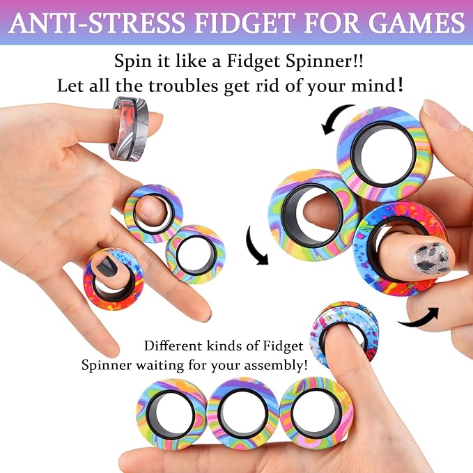Cevioce Valentines Day Gifts for Him 8+ Year Old Teen Boy Adults, Magnetic Rings Fidget Toy Set, ADHD Anxiety Magnetic Fidget Toys Adults Fidget Spinner Rings for Relief, Easter Basket Stuffers 4
