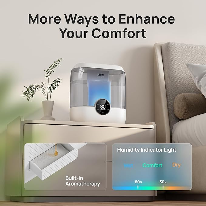 DREO Smart Humidifiers for Bedroom, 6L Top Fill Supersized Cool Mist Humidifier for Large Room, 60 Hour Runtime, Quiet Ultrasonic Humidifiers for Plants, Baby, Nursery, Indoor, Home, Night Light, Gray