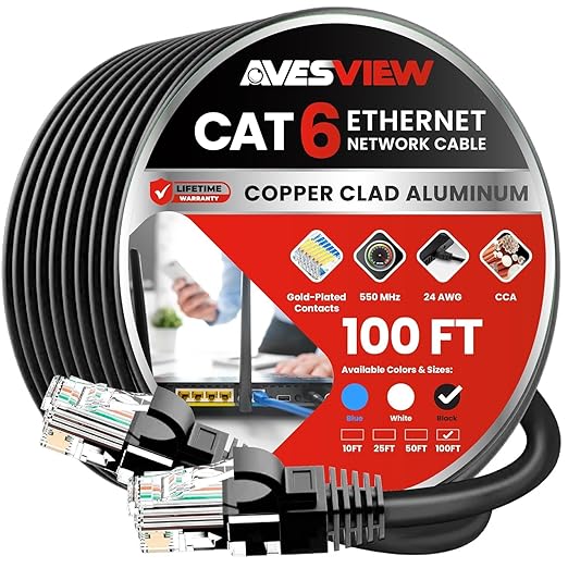 CAT 6 Ethernet Cable 100 FT, Indoor High-Speed 10Gbps Snagless Long CAT6 100ft by AvesView