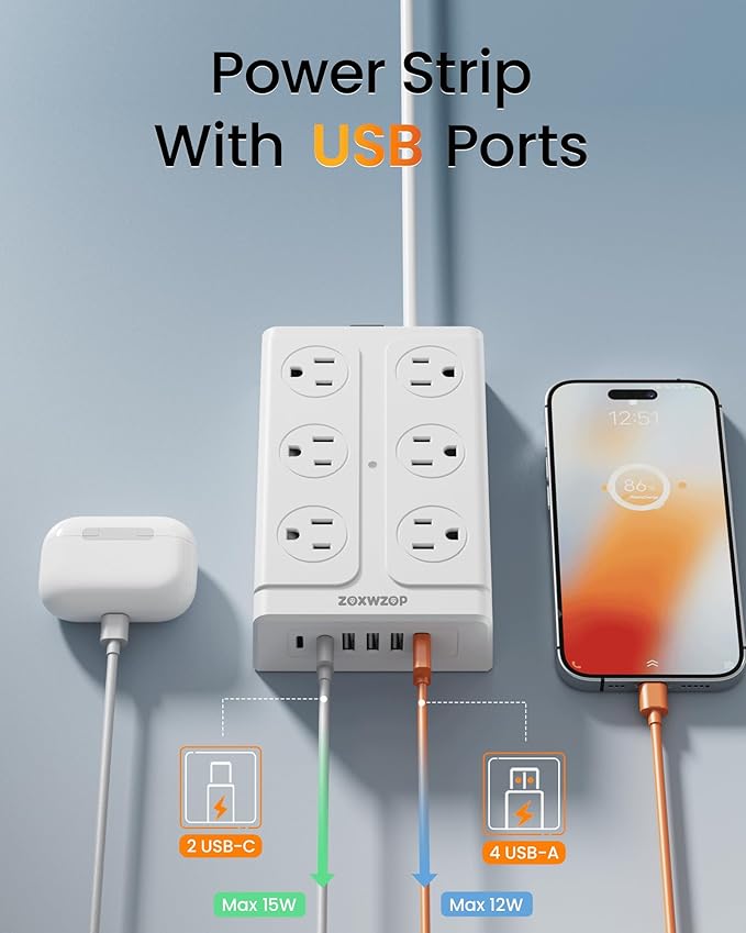 Zoxwzop Surge Protector Power Strip - 12 Outlets(1850W/15A) 6 USB Ports（2 USB C, 6FT Flat Plug Extension Cord, Wall Mount Multi Plug Outlet Extender, ETL Listed for Home, Dorm Room