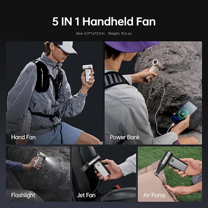 JISULIFE Portable Handheld Fan Ultra2 9000mAh, Max 25 Hrs, 5 IN 1, 100 Speed Turbo Fan, Rechargeable 18W Power Bank with Flashlight, Metal Shell Multi-Function Travel Essentials Gifts for Men-Grey