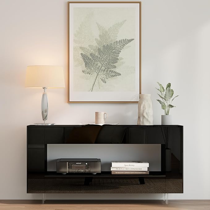 Vavkorkula High Gloss TV Stand for 65 Inch with 2 Large Drawers & Hidden Storage Cabinets, Modern Entertainment Center Television Stands for Living Room Bedroom, Black