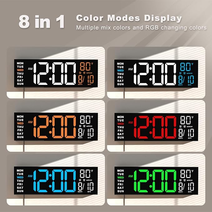 JALL 16" Large Digital Wall Mount Clock, Count Down Timer, Alarm, Big LED, RGB Color, DST, Temperature for Living Room Classroom Desk, Xmas, Birthday Gift for Senior Mom Dad (White Blue, 16 inches)