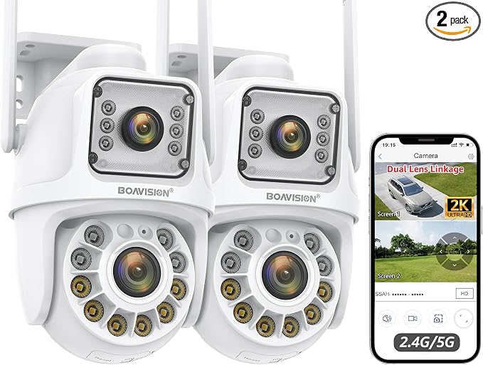 BOAVISION 2Pack 2.4G/5G WiFi Outdoor Security Camera, Dual Lens Wireless PTZ by BOAVISION