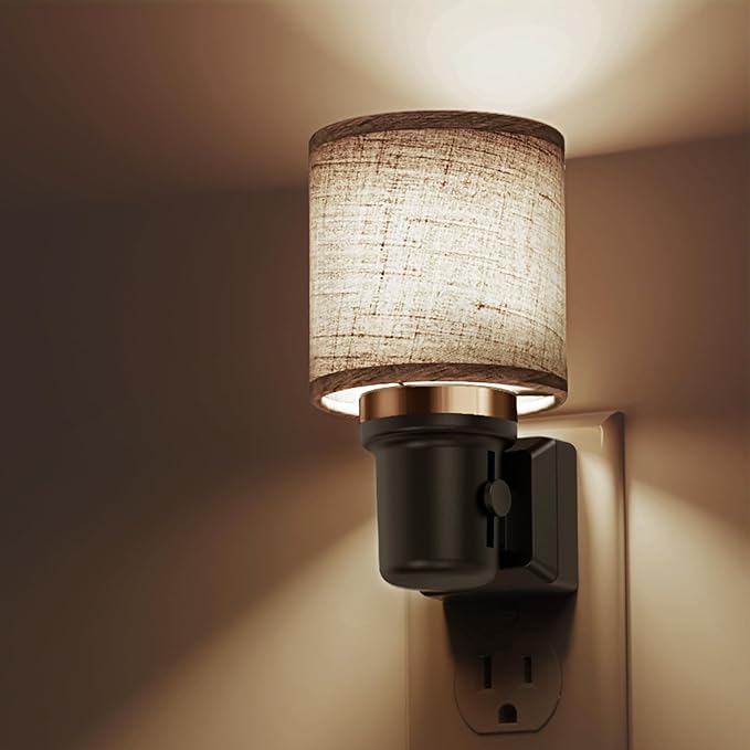 L LOHAS LED Night Lights Plug into Wall,Linen Fabric Cylinder Decor Night Light, Dusk to Dawn Sensor Vintage Nightlight, 5000K Daylight 0-100LM Dimmable, for Bedroom Living Room Hallway