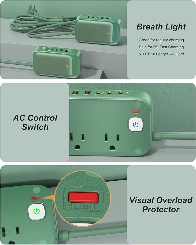 KWRNVO 7-IN-1 Power Strip, 85W PD USB C Power Strip, Desktop Charging Station Outlet Extender with 2 AC Outlets, 3 USB-C and 2 USB-A Ports for Laptop/Phone and More