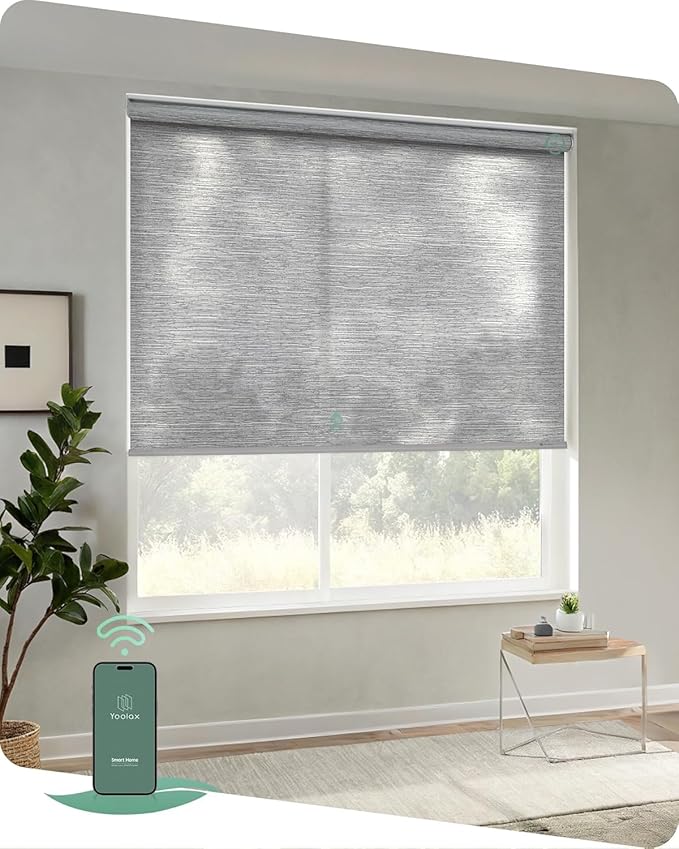 Yoolax Motorized Blinds App Control, Light Filtering Motorized Shades for Windows, Cordless Automatic Roller Shades for Bedroom Living Room Office(Light Filtering Jacquard Gray, 47" W x 72" H)