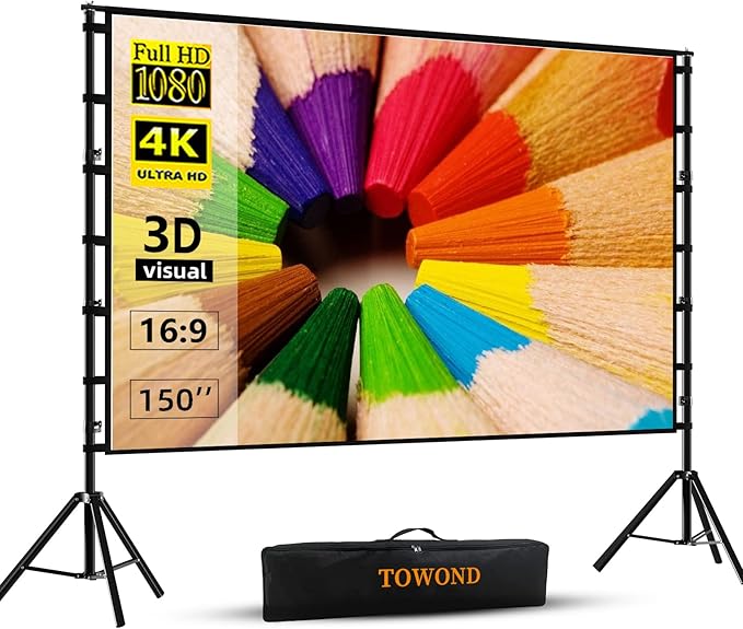 TOWOND Projector Screen and Stand, 150 inch Indoor Outdoor Projection Screen, Portable 16:9 4K HD Rear Front Movie Screen with Carry Bag Wrinkle-Free Design for Home Theater Backyard Cinema