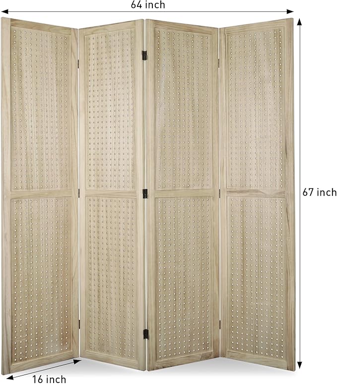 ECOMEX 4 Panel Room Divider, 5.6Ft Pegboard Display Wooden Room Divider Folding Privacy Screen Room Divider Freestanding Peg Board Display for Trade Show Craft Show Home Wall Organizer, Natural Wood