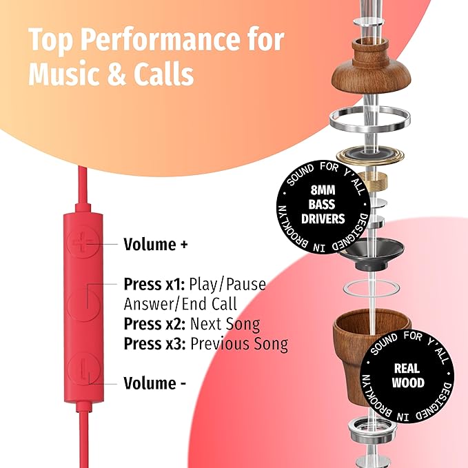 Symphonized Premium Wooden iPhone Earphones Wired (USB C) Deep Bass Sound, 3D Sound, Microphone Volume Control, 90% Noise Cancelling for Type C Devices. Earphones for iPhone 15 to 17 & Android