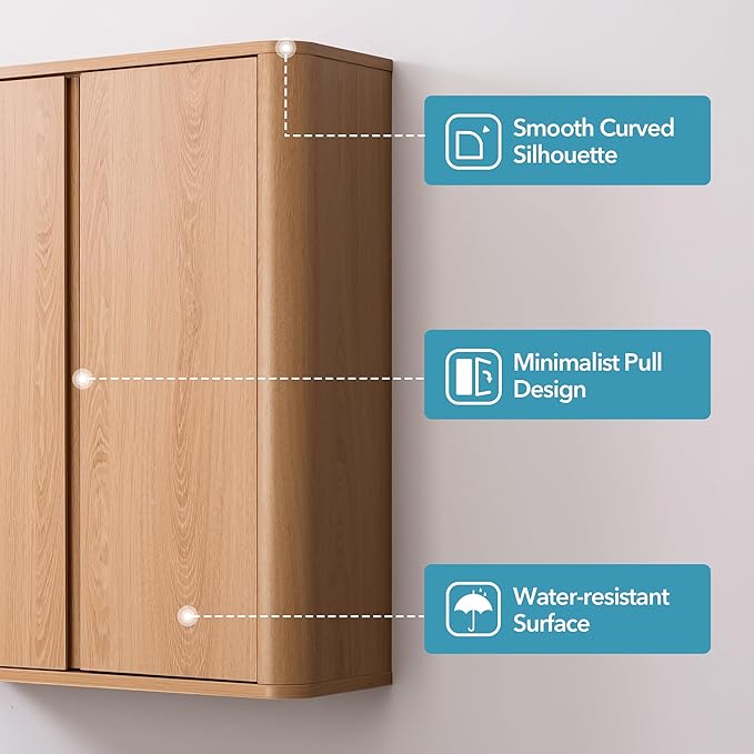 Wall Mounted Storage Cabinet, 2-Door Bathroom Medicine Cabinet with Adjustable Shelves, Modern Wood Hanging Organizer with Rounded Edges for Laundry Room, Kitchen
