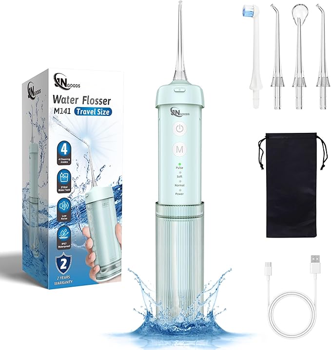 JNGOODS Mini Portable Water Flosser Oral Irrigator Water Teeth Cleaner Pick, Telescopic Water Tank, 4 Modes & IPX7 Waterproof, Home & Travel Water Flossers for Teeth, Braces Bridges Care. (Pearl Blue)