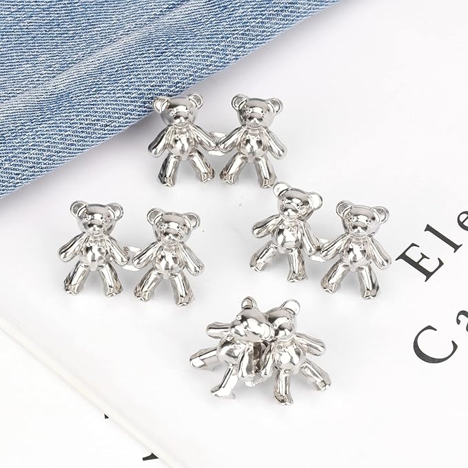 TOOVREN Cute Bear Button Pins for Loose Jeans - No Sew, No Tools Instant Pant Waist Tightener, 4 Sets Jeans Button Replacement Pant Clips for Waist Buckle