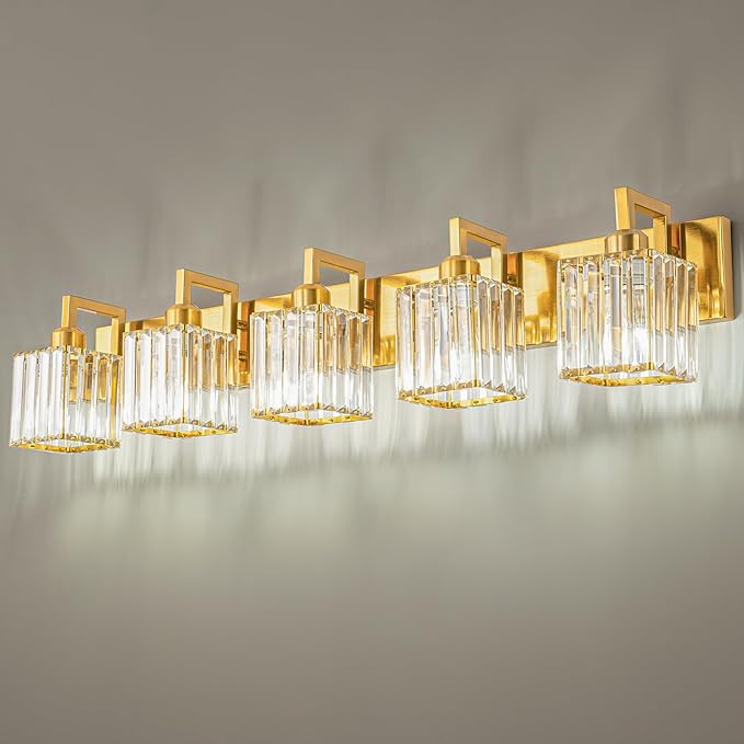FDPBY Modern Bathroom Vanity Light 5-Lights Chrome Crystal Wall Lamp Bathroom Modern Crystal Vanity Lighting