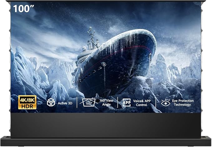 IN&VI Motorized ALR Floor Rising Projector Screen for Long/Standerd Throw Projector,Movie Screen for Home Theater,Motorized Projector Screen 4K/8K Ultra HD Active 3D (100 Inch/16:9)