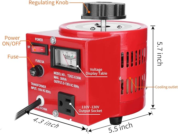 Beleeb Voltage Transformer 5 Amp Auto AC Variable Voltage Regulator,500VAC Max,120VAC Input, 0-120V/130VAC Output