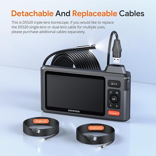 Triple Lens Borescope Tool, DEPSTECH 5" IPS Screen Endoscope Camera with Lights, 1080P Sewer Inspection Camera & Split Screen, 180° Rotation, IP67 Snake Cable, Gadget for Automotive Mechanical Repair