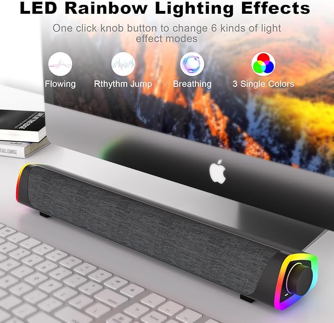 SOULION R30 Plus Bluetooth Computer Speakers, All-in-One Control Button with 6 Modes LED Lights PC Speaker, Wired USB Powered Surround Soundbar for Desktop Monitor Laptop Gray