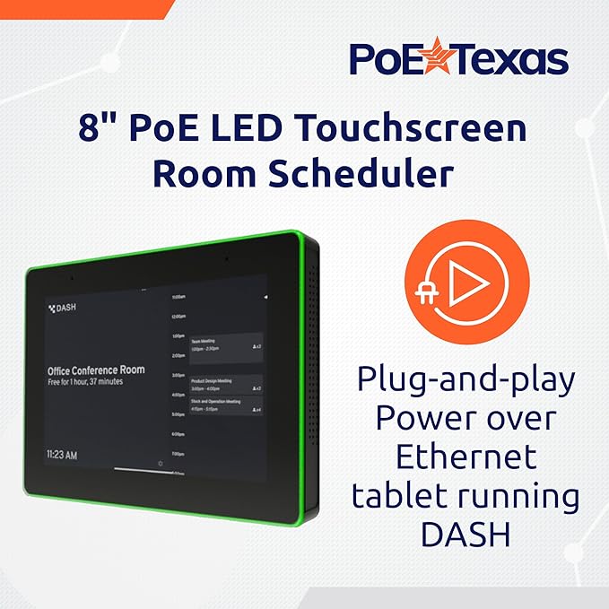 PoE Texas 8" Conference Room Scheduler with Color Changing LED Status - PoE Powered Touch Screen Tablet for Meeting Room Booking - Syncs with All Popular Business Calendars - No Subscription Required