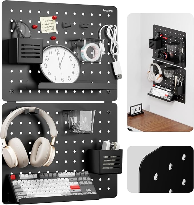 PEGZONE Pegboard Wall Organizer Combination Kit, Overall 25.4"x16.6" Metal Office Pegboard with 13 Accessories, Wall Mounted Peg board Display Panels for Home, Gaming Room, Garage (2Pcs, Medium,Black)