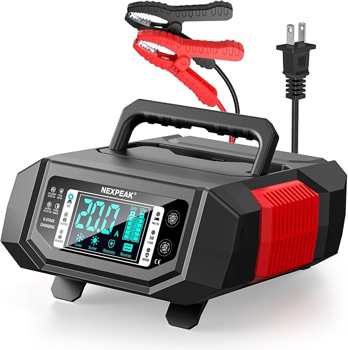 NEXPEAK 1-20A Battery Charger, Trickle Charger Car Battery Charger 12V 24V LiFePO4 Lead Acid Smart Battery Maintainer with Adjustable Current for Car Truck Lawn Mower Boat Marine