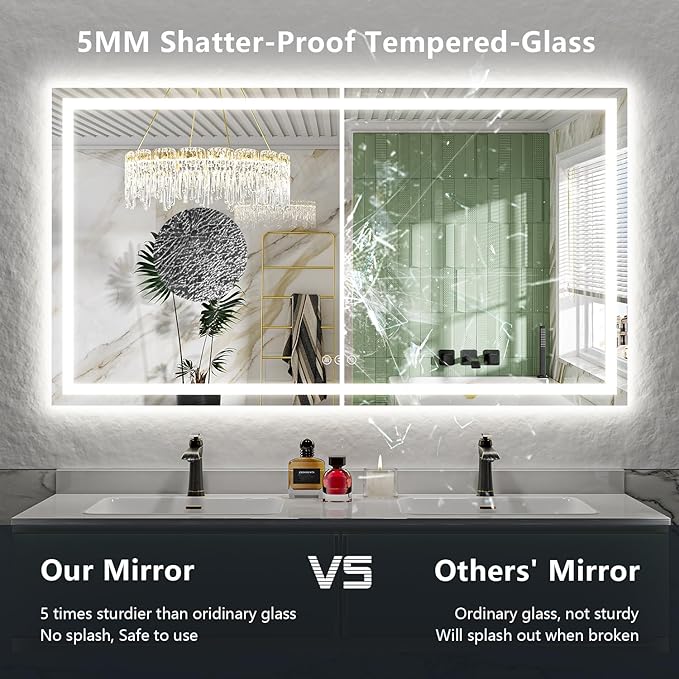 YEELAIT 72x40 Inch LED Bathroom Mirror with Lights Front and Backlit Lighted Vanity Mirror for Bathroom Wall with 3 Colors Dimmable Anti-Fog Memory Shatter-Proof IP54 Waterproof Horizontal/Vertical
