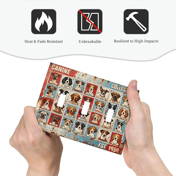 Bvtewkhz Dogs Funny Puppy Pets Vintage 3 Gang Triple Toggle Decorative Outlet Covers Light Switch Plate Electrical Receptacle Switchplate For Bathroom Kitchen Bedroom