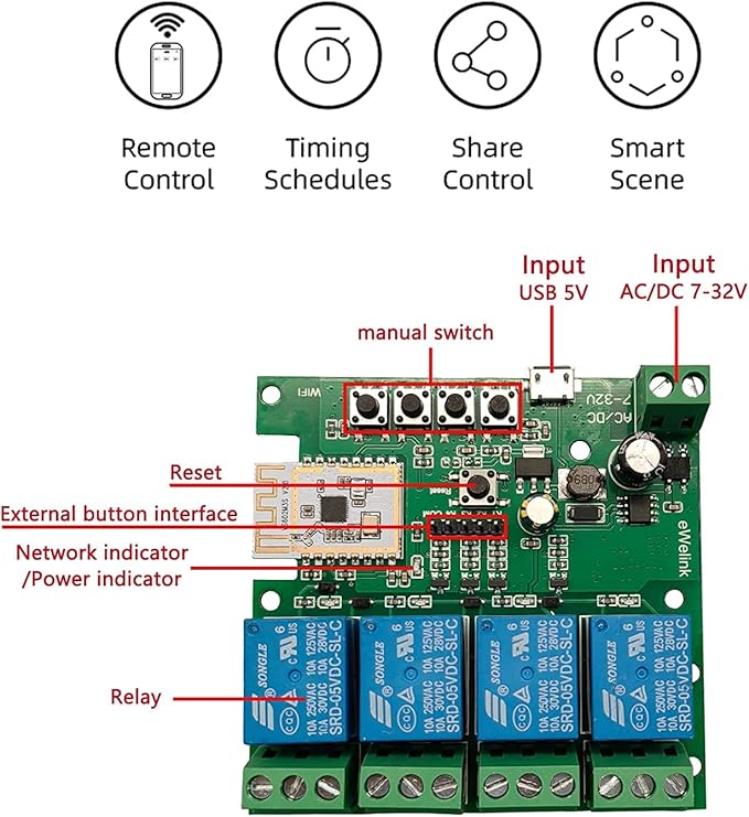 Newgoal 4 Channel Smart Switch, Momentan/Locking WiFi Relay, eWeLink App Bluetooth Control Switch, DIY Smart Home, Compatible with Alexa Google Home