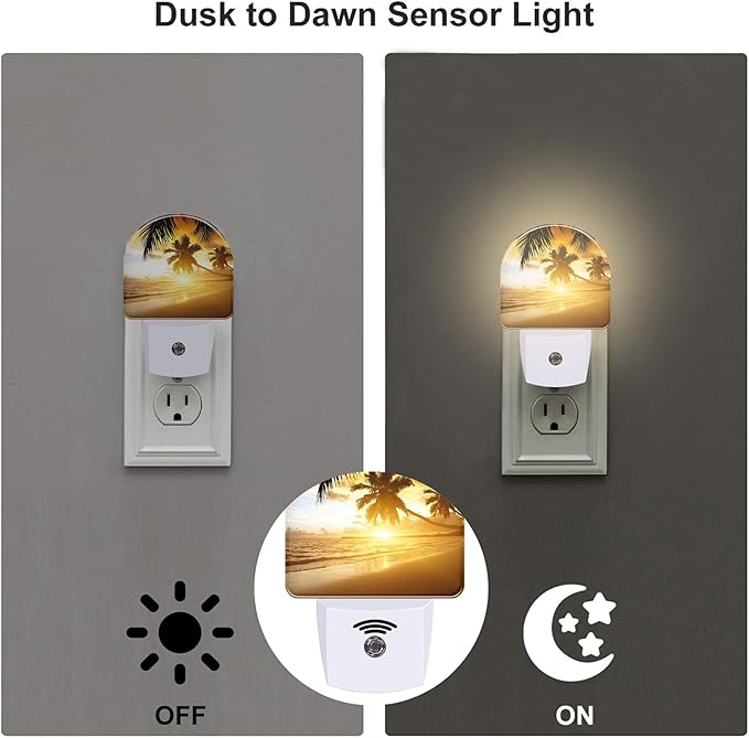 sndheke Tropical Ocean Beach Night Light, Palm Trees at Sunset Dusk to Dawn Night Light Plug in,0.5w Energy Saving Sleep Friendly NightLight for Kids Boys Girls Home Decor