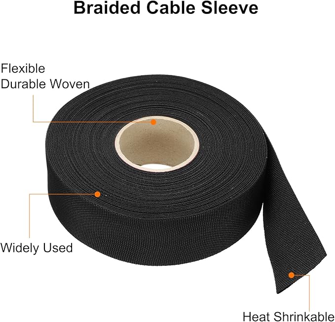 MECCANIXITY Braided Cable Sleeves Heat Shrinkable Fabric Sleeving, 1 1/4" 60ft Black 2:1 Ratio Heat Shrinkable Cord Protector for Harness Cable, Network Cable Protection, Cable Management