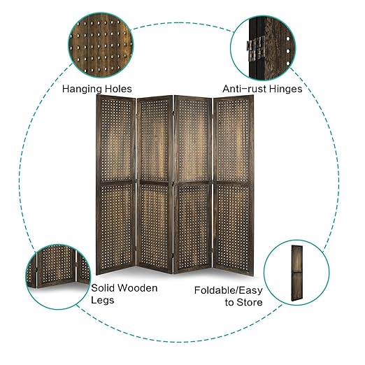 Babion 4 Panel Pegboard Display, Peg Board Room Divider Freestanding Folding Privacy Screens Pegboard Display Stand for Craft Shows (Brown)