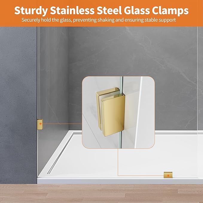 Shower Glass Panel, Fixed Shower Screen Panel with 3/8"(10mm) SGCC Ultra Clear Tempered Glass, Frameless Walk in Shower Door with Easy‑Clean Coating (Bright Gold, 28.5" W x 78.75" H)
