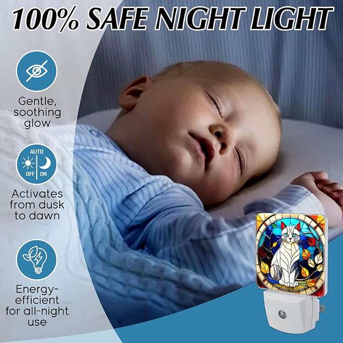 PODMemory Cat Stained Glass Night Lights Plug into Wall for Room, Cat Night Light LED for Bedroom