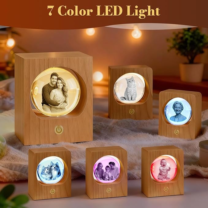 Gloryage Personalized 3D Crystal Photo Lamp – Custom Engraved Memory Ball with Warm LED Light and Wood Base, Ideal Gift for Anniversary, Wedding, Birthday, Valentine's Day, Pet Memorial