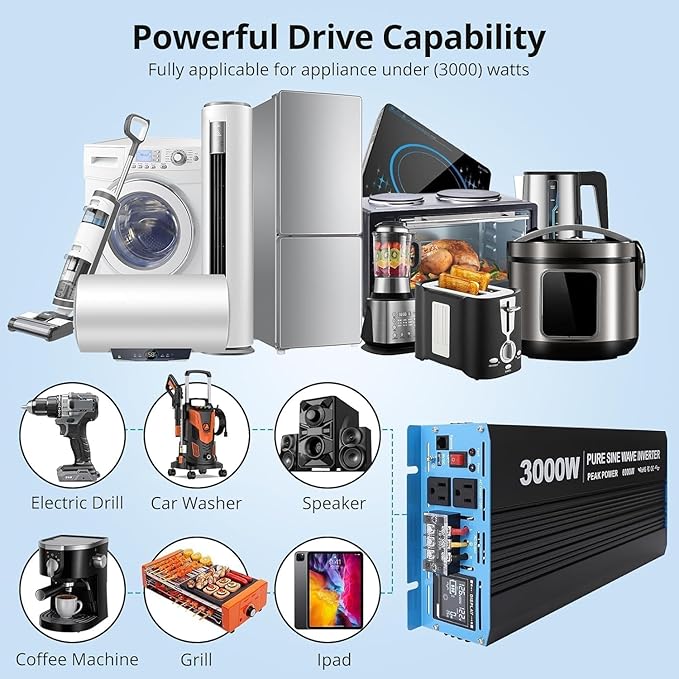 3000W Pure Sine Wave Inverter 1 USB Port 5v/2.1a,LCD Display&Remote Controller for Home, RV, Truck