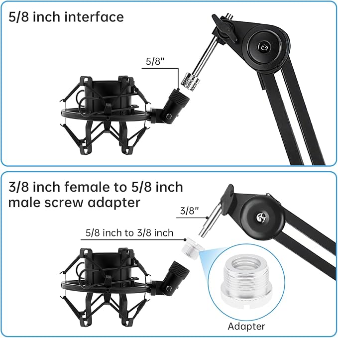 Anti-vibration Microphone Shock Mount for 46mm-50mm Condenser Microphones with Pop Filter for Broadcasting Studio Music Recording, Wind Pop Screen Flexible 360 Degree Gooseneck Clip Arm